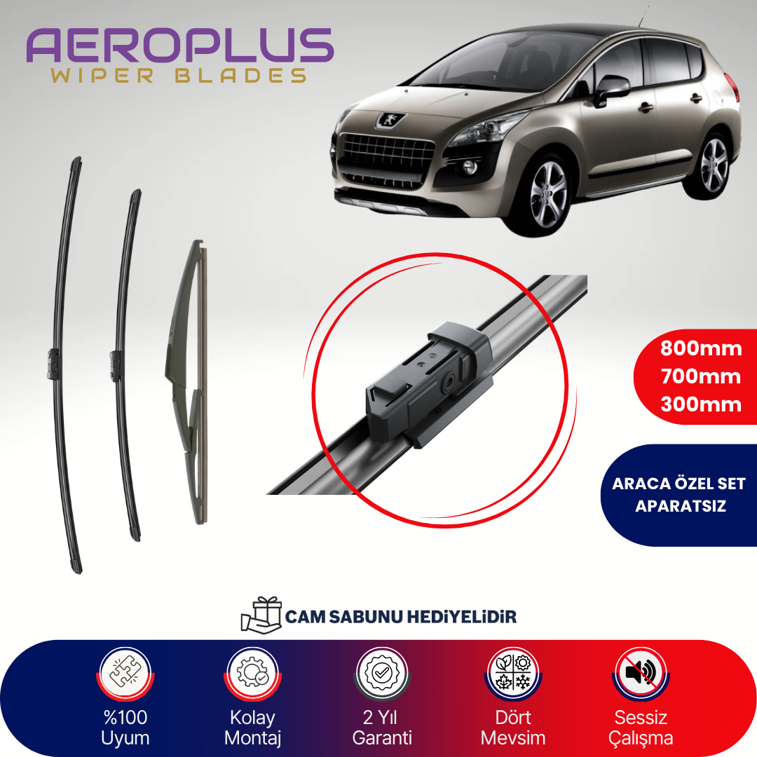 Aeroplus Peugeot 3008 2009-2016 Ön Arka Muz Silecek Takımı