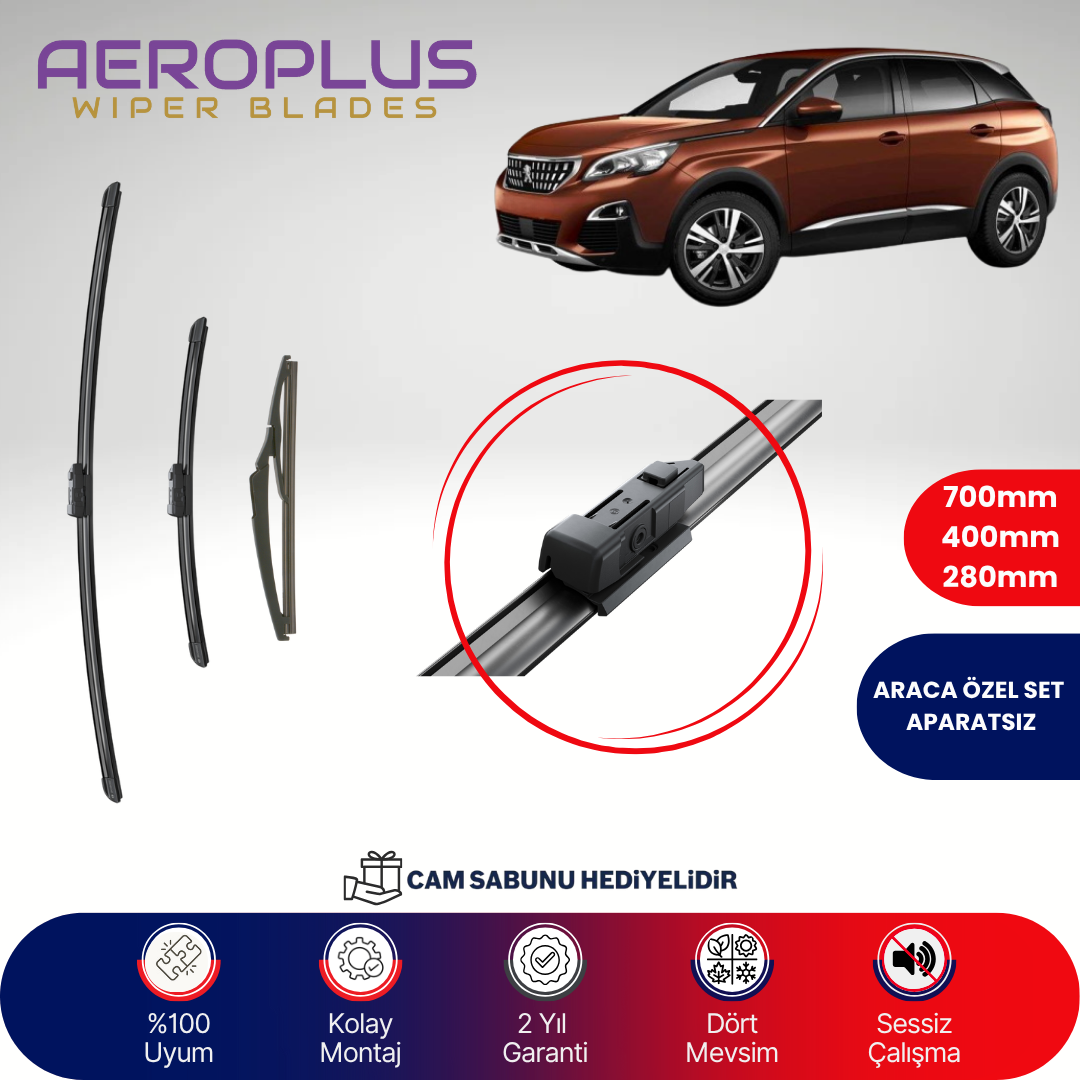 Aeroplus Peugeot 3008 2016-2023 Ön Arka Muz Silecek Takımı
