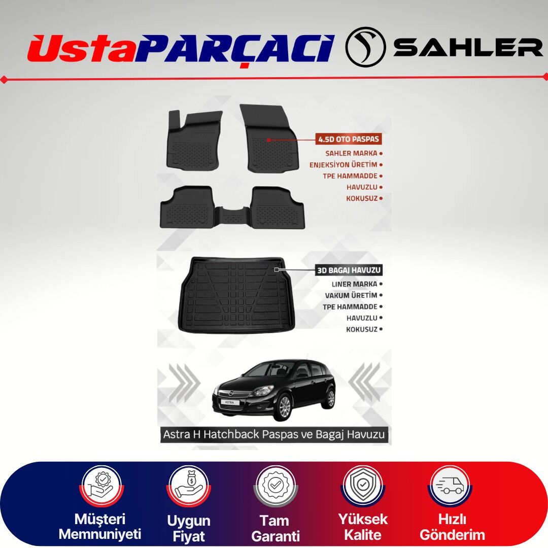 Sahler Opel Astra H Hatchback Uyumlu Araca Özel 4.5D Havuzlu Oto Paspas + 3D Bagaj Havuzu (5 Parça)