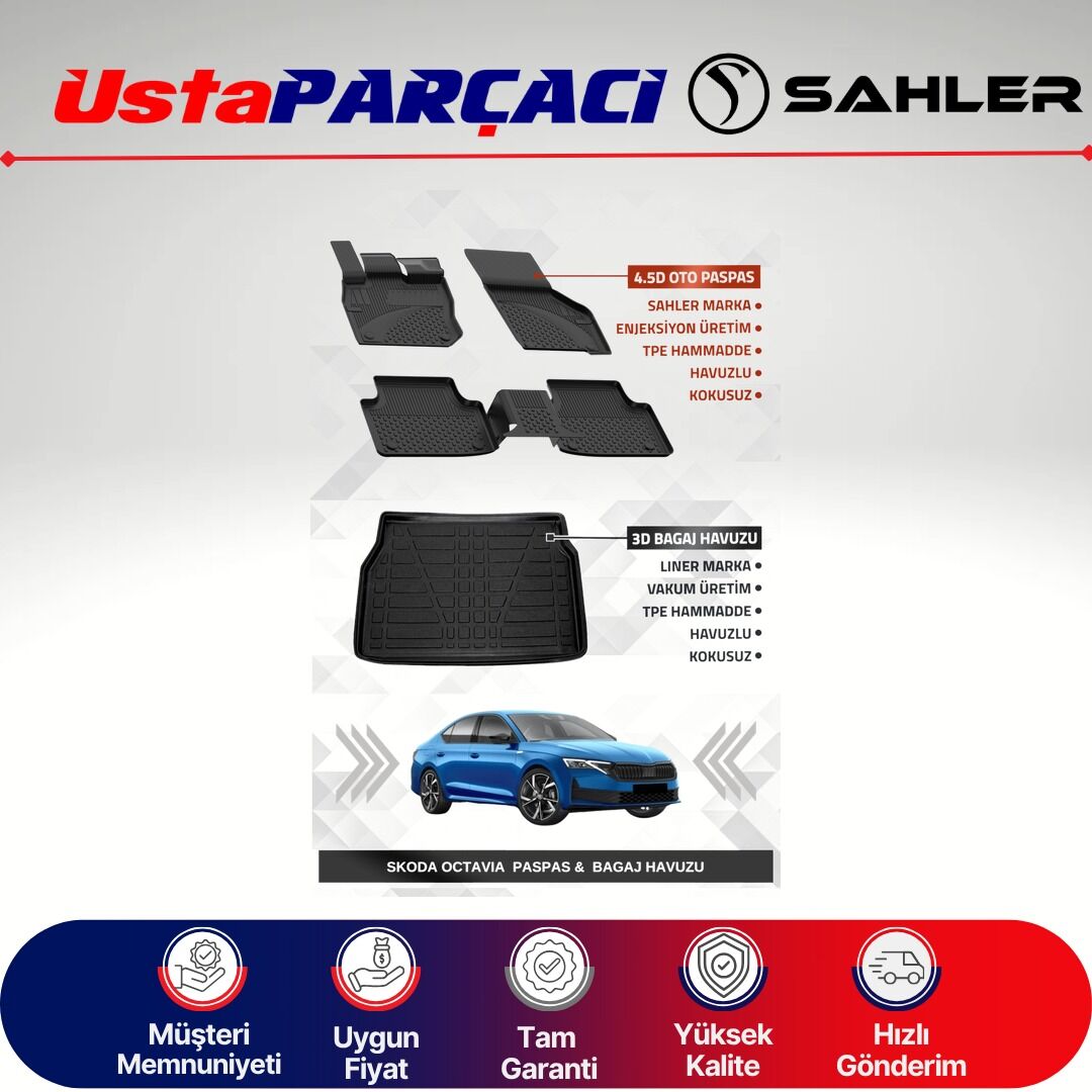 Sahler Skoda Octavia 2020+ Uyumlu Araca Özel 4.5D Havuzlu Oto Paspas + 3D Bagaj Havuzu (5 Parça)