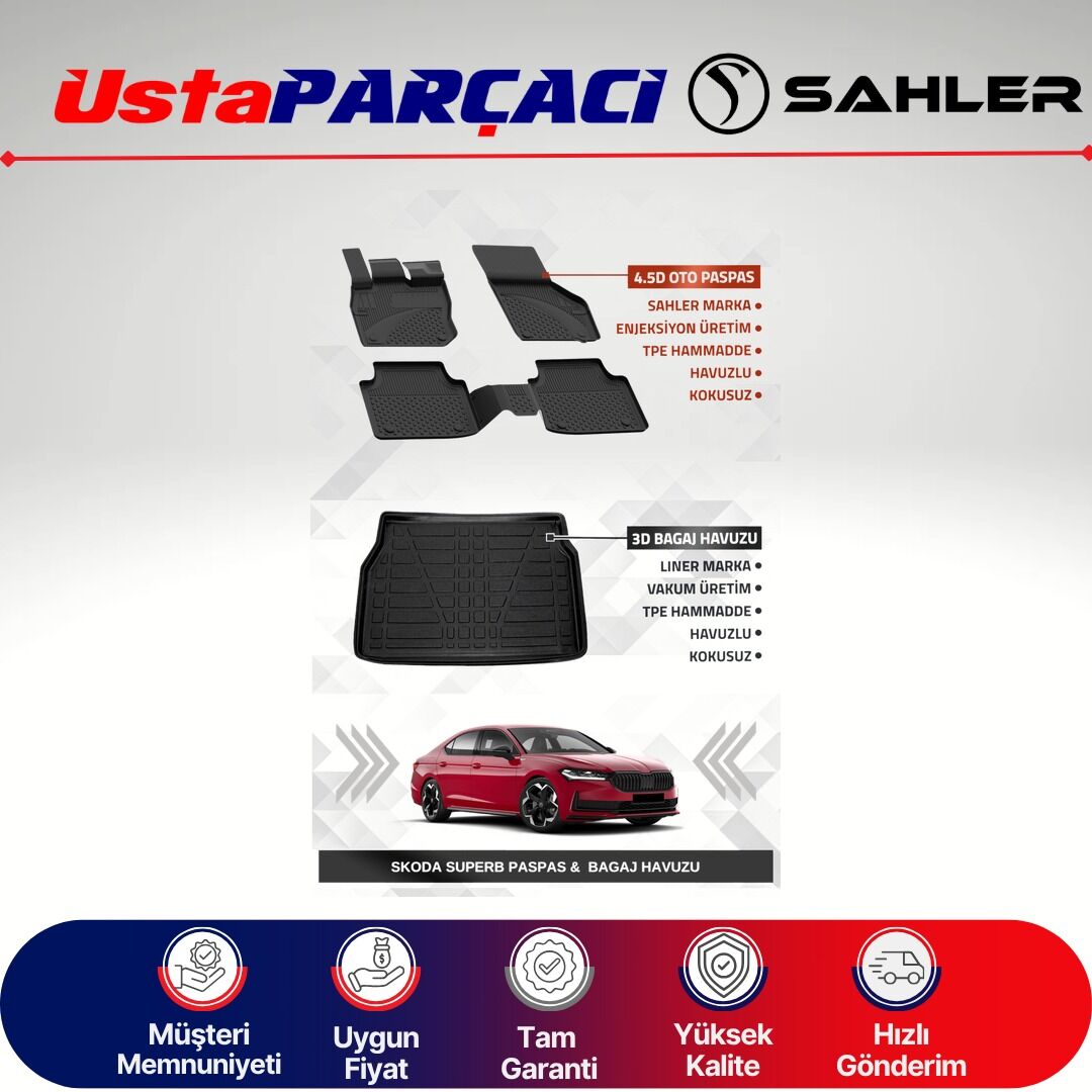 Sahler Skoda Superb 2024+ Uyumlu Araca Özel 4.5D Havuzlu Oto Paspas + 3D Bagaj Havuzu (5 Parça)