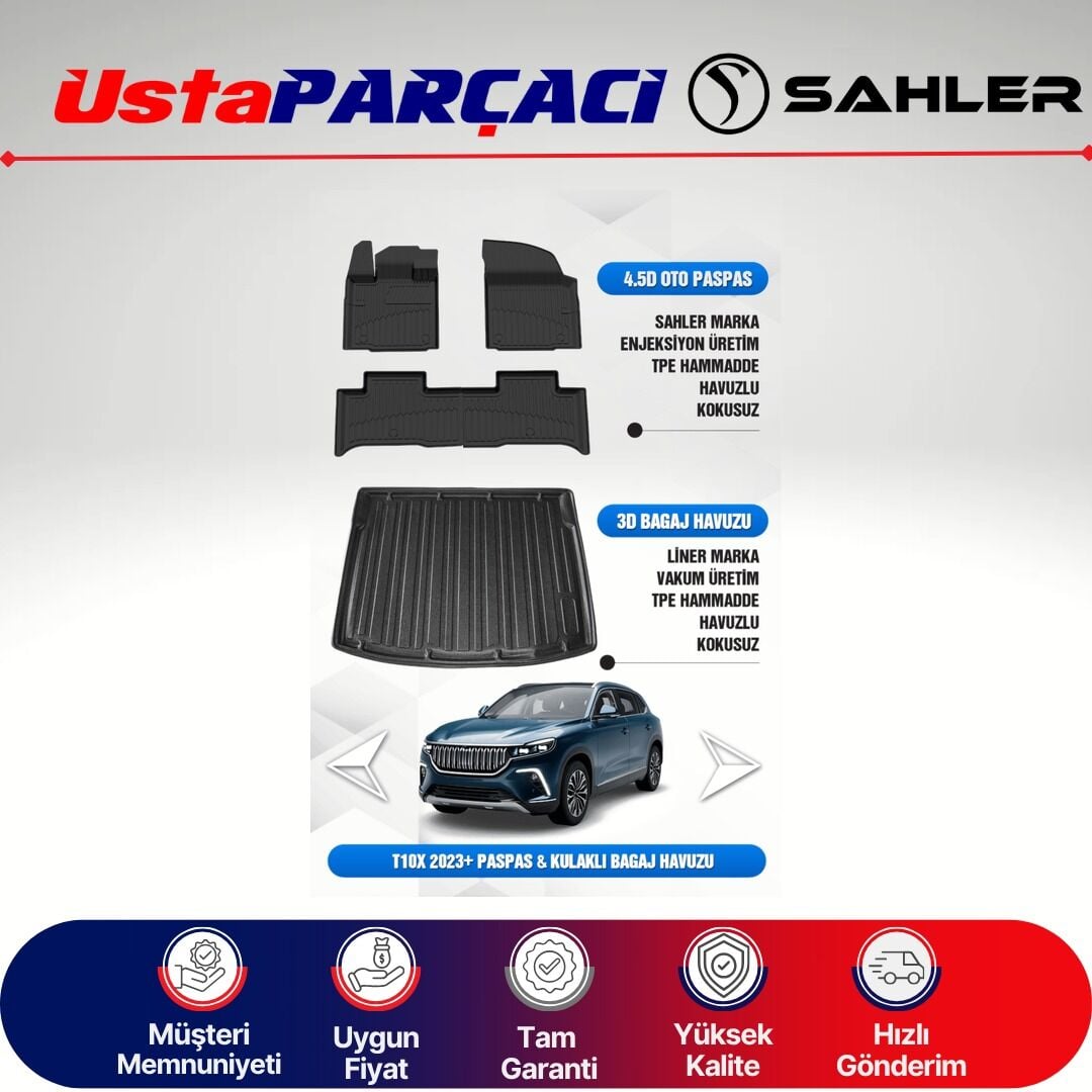 Sahler Togg T10X Uyumlu Araca Özel 4.5D Havuzlu Oto Paspas + 3D Bagaj Havuzu (5 Parça)