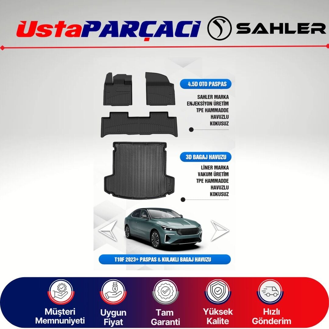 Sahler Togg T10F 2025+ Uyumlu Araca Özel 4.5D Havuzlu Oto Paspas + 3D Bagaj Havuzu