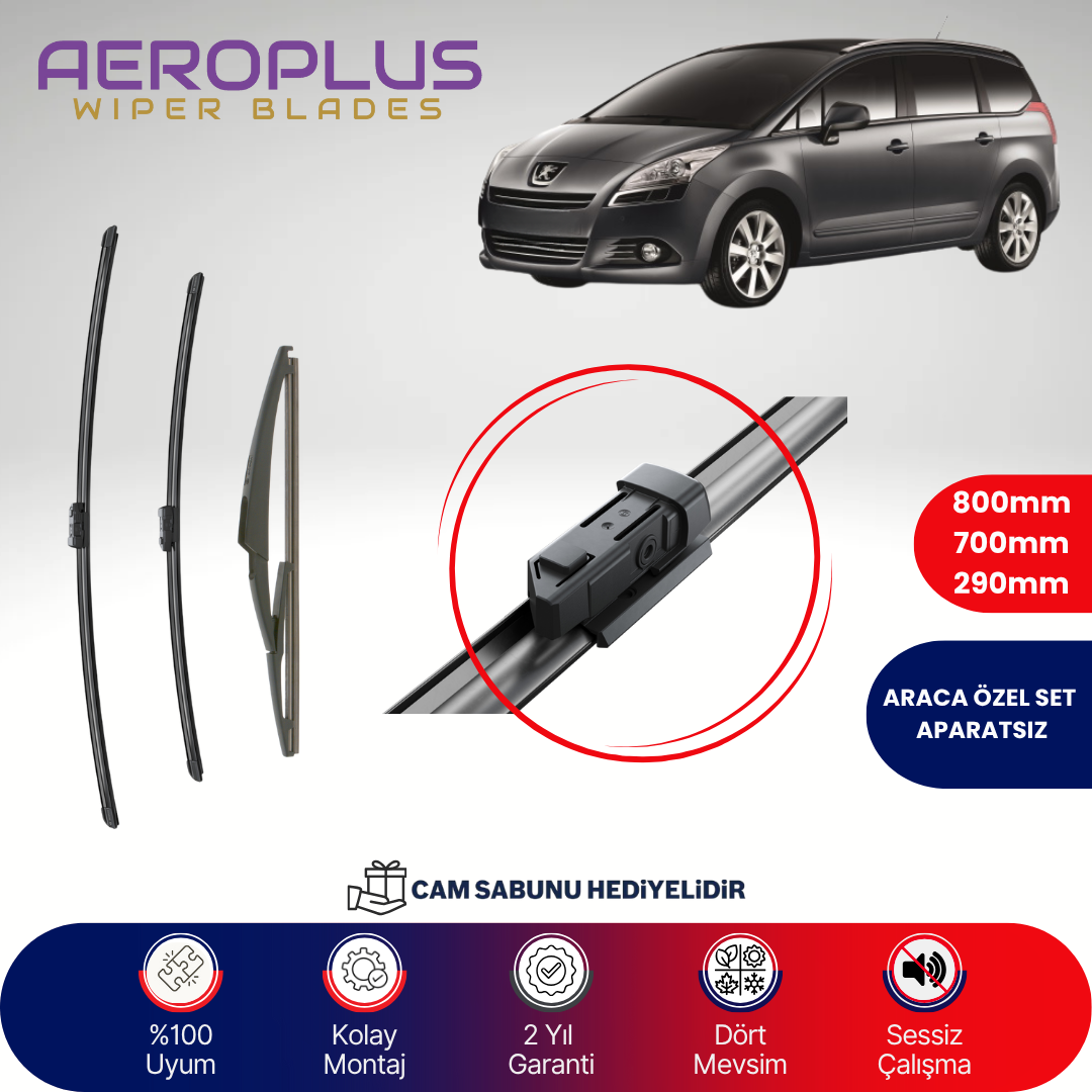 Aeroplus Peugeot 5008 2009-2017 Ön Arka Muz Silecek Takımı