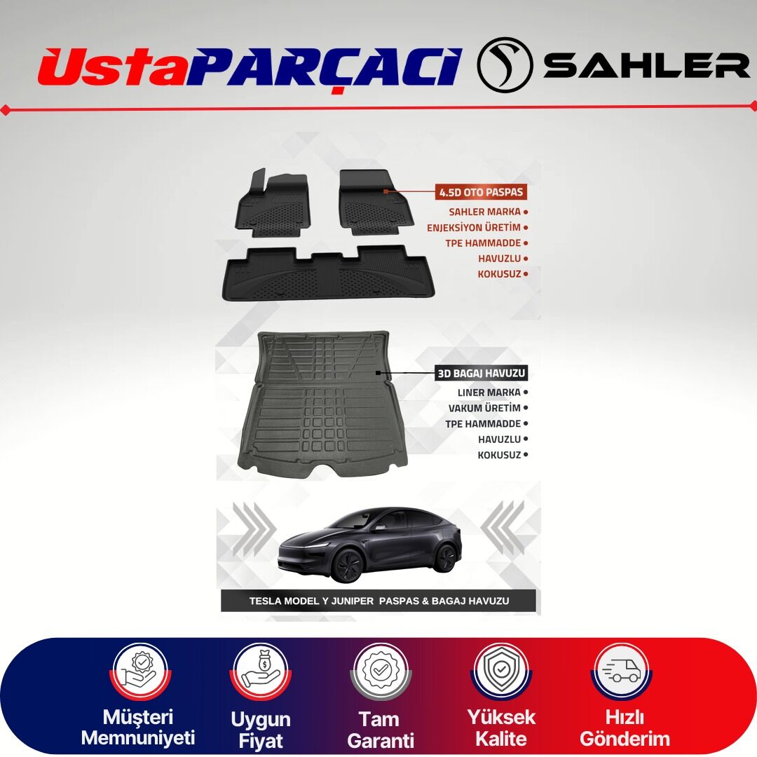 Sahler Tesla Model Y Juniper 2025+ Uyumlu Araca Özel 4.5D Havuzlu Oto Paspas + 3D Bagaj Havuzu (5 Parça)