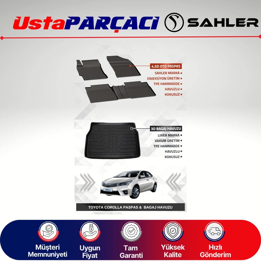 Sahler Toyota Corolla 2013-2018 Uyumlu Araca Özel 4.5D Havuzlu Oto Paspas + 3D Bagaj Havuzu (4 Parça)