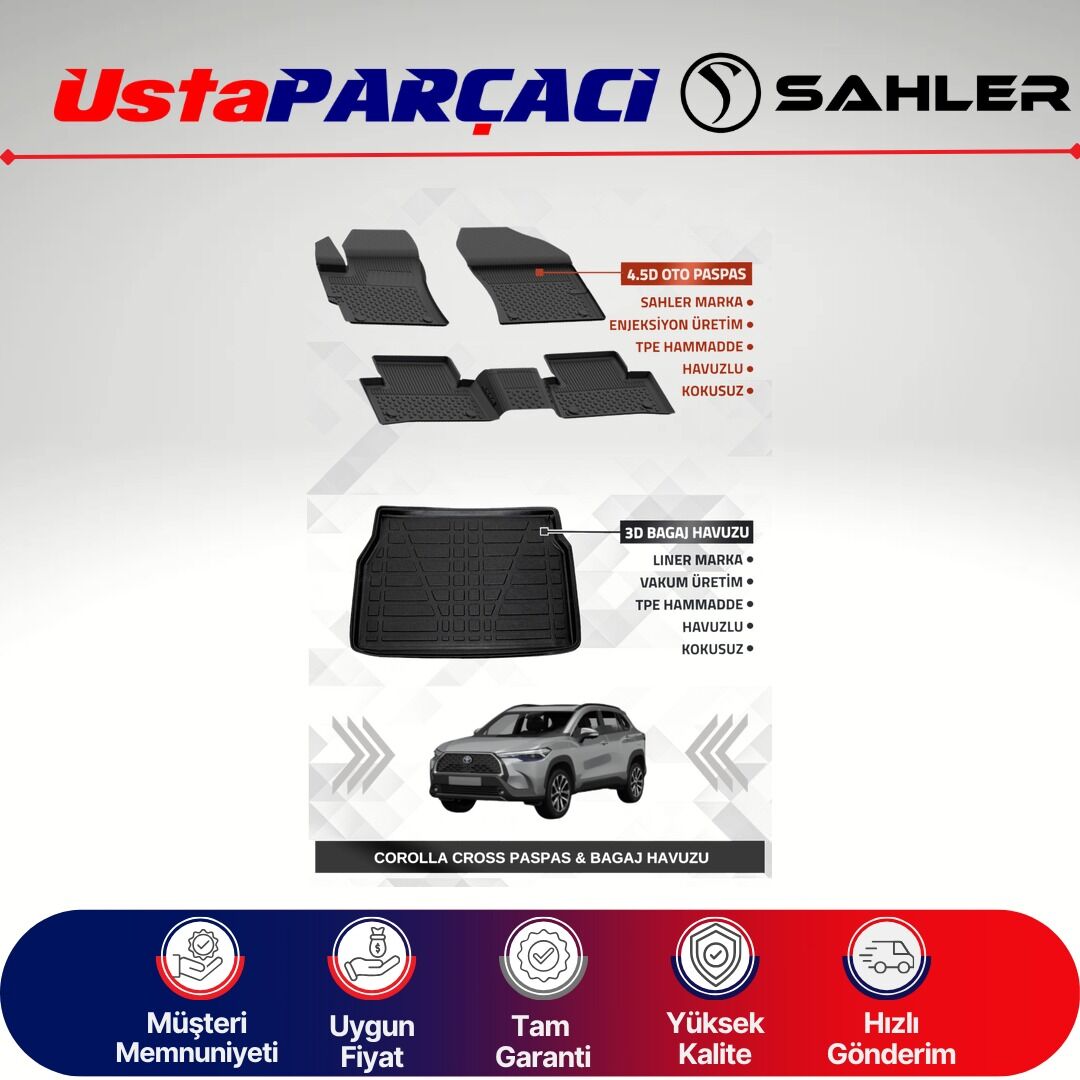 Sahler Corolla Cross 2022+ Uyumlu Araca Özel 4.5D Havuzlu Oto Paspas + 3D Bagaj Havuzu (5 Parça)