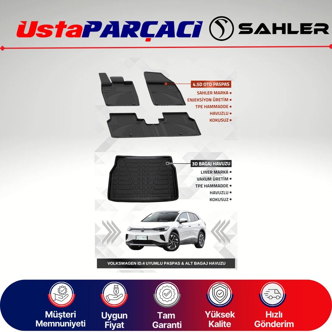 Sahler VW id.4 2020+ Uyumlu Araca Özel 4.5D Havuzlu Oto Paspas + 3D Alt Bagaj Havuzu (4 Parça)