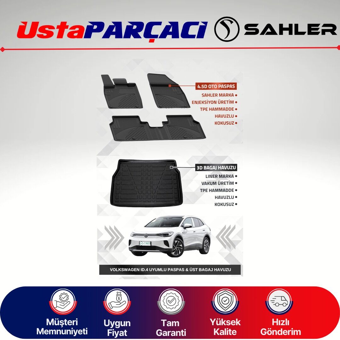 Sahler VW id.4 2020+ Uyumlu Araca Özel 4.5D Havuzlu Oto Paspas + 3D Üst Bagaj Havuzu (4 Parça)