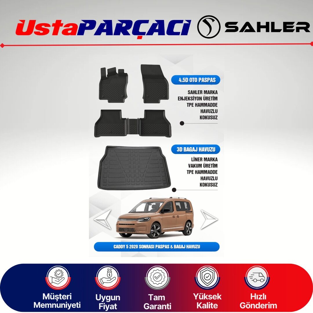 Sahler VW Caddy 2020+ Uyumlu Araca Özel 4.5D Havuzlu Oto Paspas + 3D Bagaj Havuzu (5 Parça)