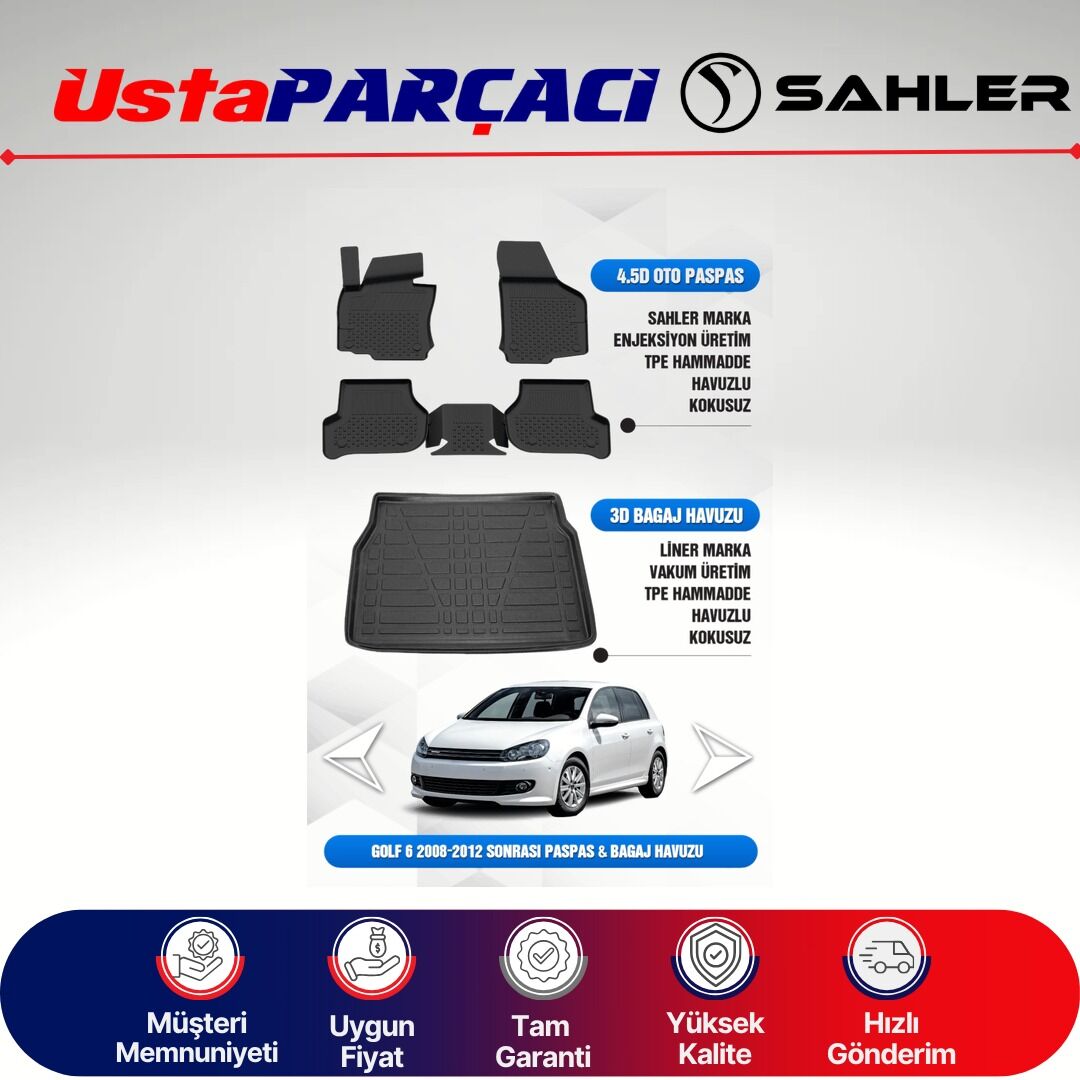 Sahler VW Golf 6 2008-2012 Uyumlu Araca Özel 4.5D Havuzlu Oto Paspas + 3D Bagaj Havuzu