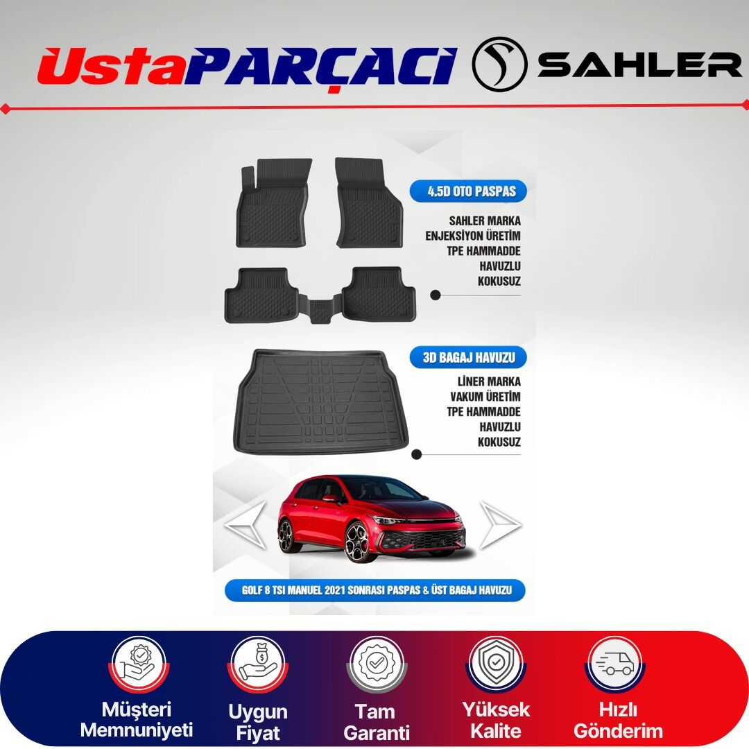 Sahler VW Golf 8/8.5 (Manuel) Uyumlu Araca Özel 4.5D Havuzlu Oto Paspas + 3D Üst Bagaj Havuzu (5 Parça)