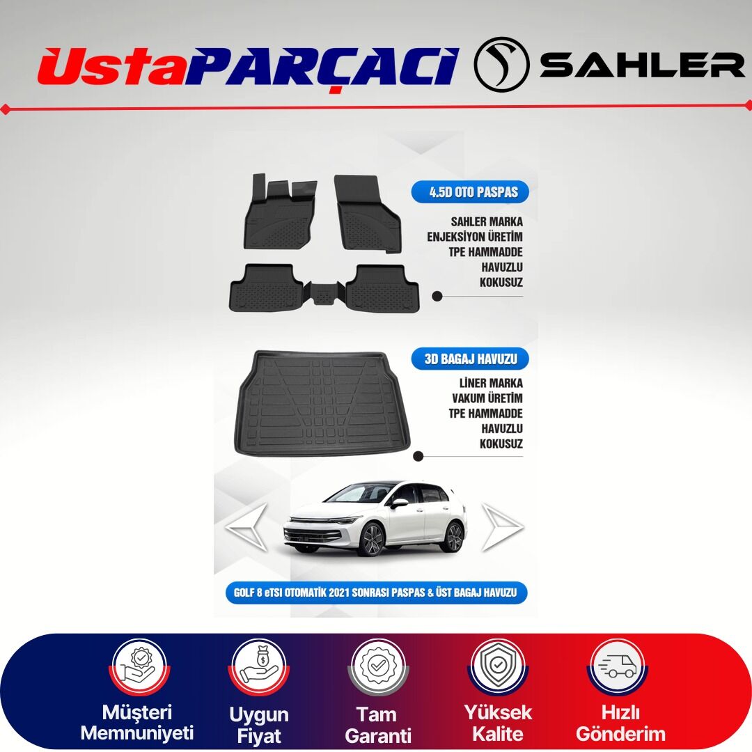 Sahler VW Golf 8/8.5 (Otomatik) Uyumlu Araca Özel 4.5D Havuzlu Oto Paspas + 3D Üst Bagaj Havuzu (5 Parça)