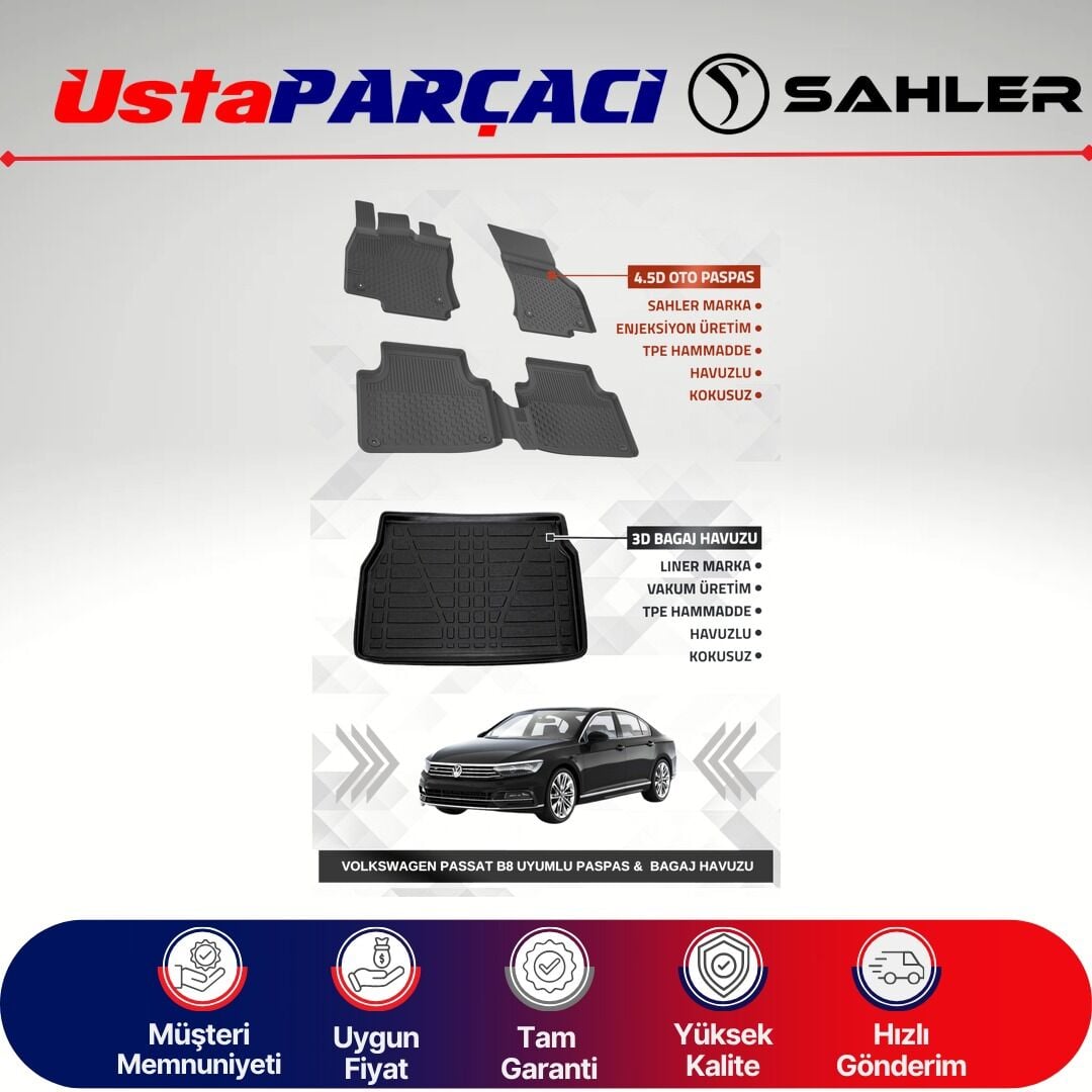 Sahler VW Passat B8 2015-2023 Uyumlu Araca Özel 4.5D Havuzlu Oto Paspas + 3D Bagaj Havuzu (5 Parça)