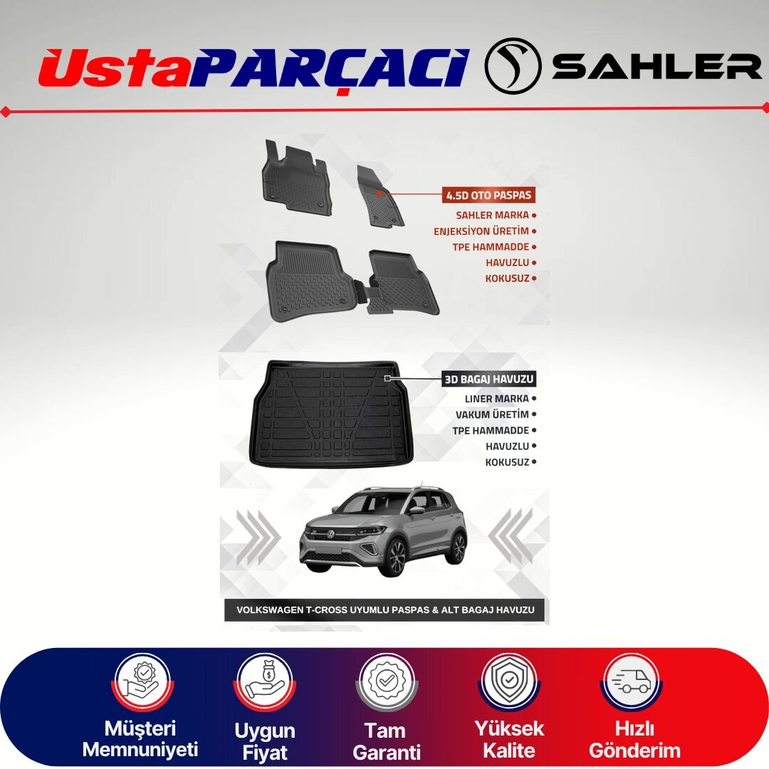 Sahler VW T-Cross 2022+ Uyumlu Araca Özel 4.5D Havuzlu Oto Paspas + 3D Alt Bagaj Havuzu (5 Parça)