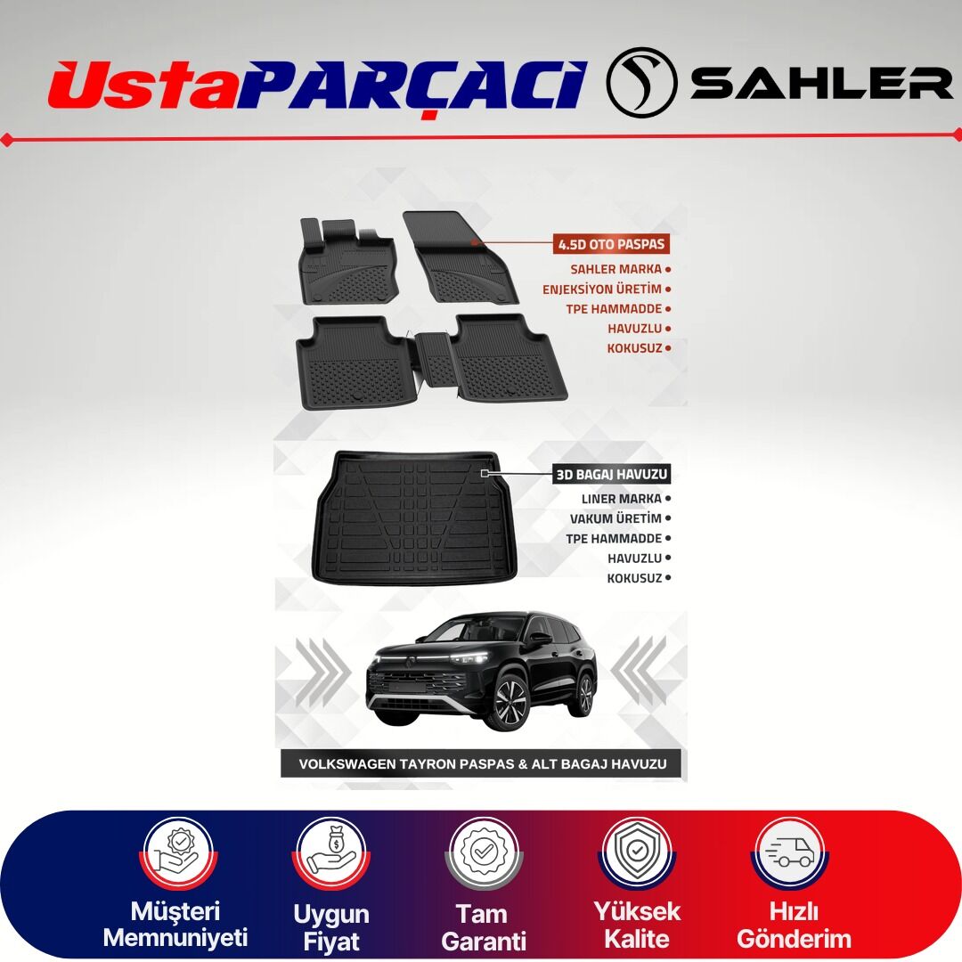 Sahler VW Tayron 2024+ Uyumlu Araca Özel 4.5D Havuzlu Oto Paspas + 3D Alt Bagaj Havuzu (5 Parça)