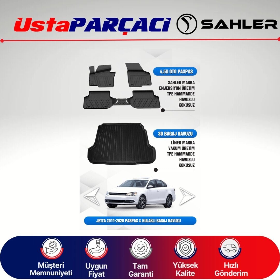 Sahler VW Jetta 2011-2019 Uyumlu Araca Özel 4.5D Havuzlu Oto Paspas + 3D Kulaklı Bagaj Havuzu (6 Parça)