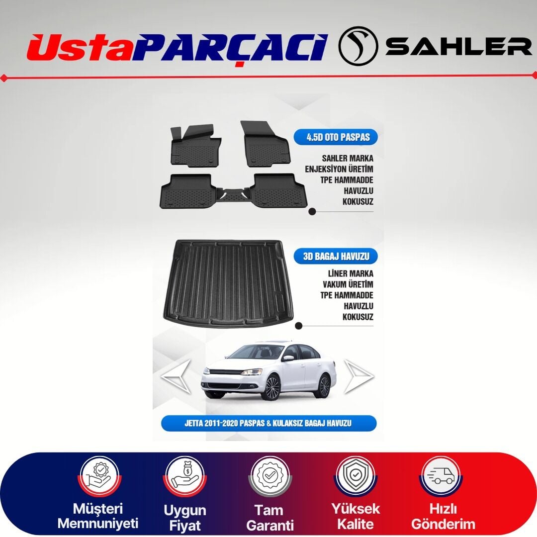 Sahler VW Jetta 2011-2019 Uyumlu Araca Özel 4.5D Havuzlu Oto Paspas + 3D Kulaksız Bagaj Havuzu (6 Parça)