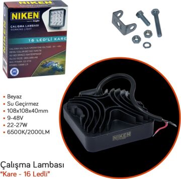 Niken 9-48V Çalışma Lambası Kare 16 LED 22-27W