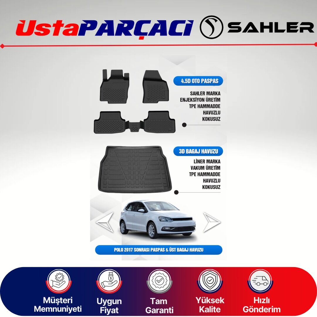 Sahler VW Polo 2017-2025 Uyumlu Araca Özel 4.5D Havuzlu Oto Paspas + 3D Alt Bagaj Havuzu (5 Parça)