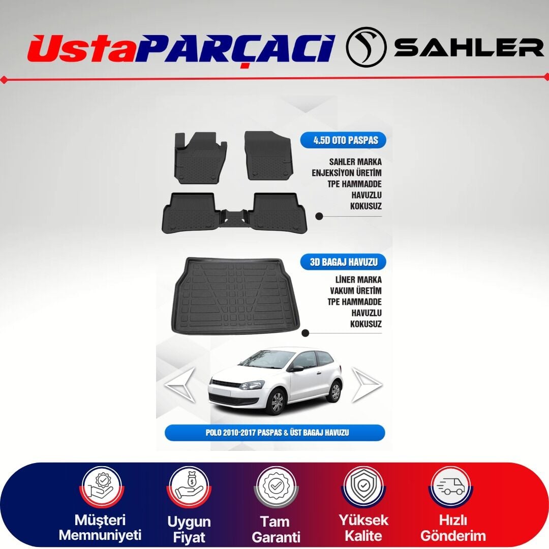 Sahler VW Polo 2010-2017 Uyumlu Araca Özel 4.5D Havuzlu Oto Paspas + 3D Üst Bagaj Havuzu (5 Parça)