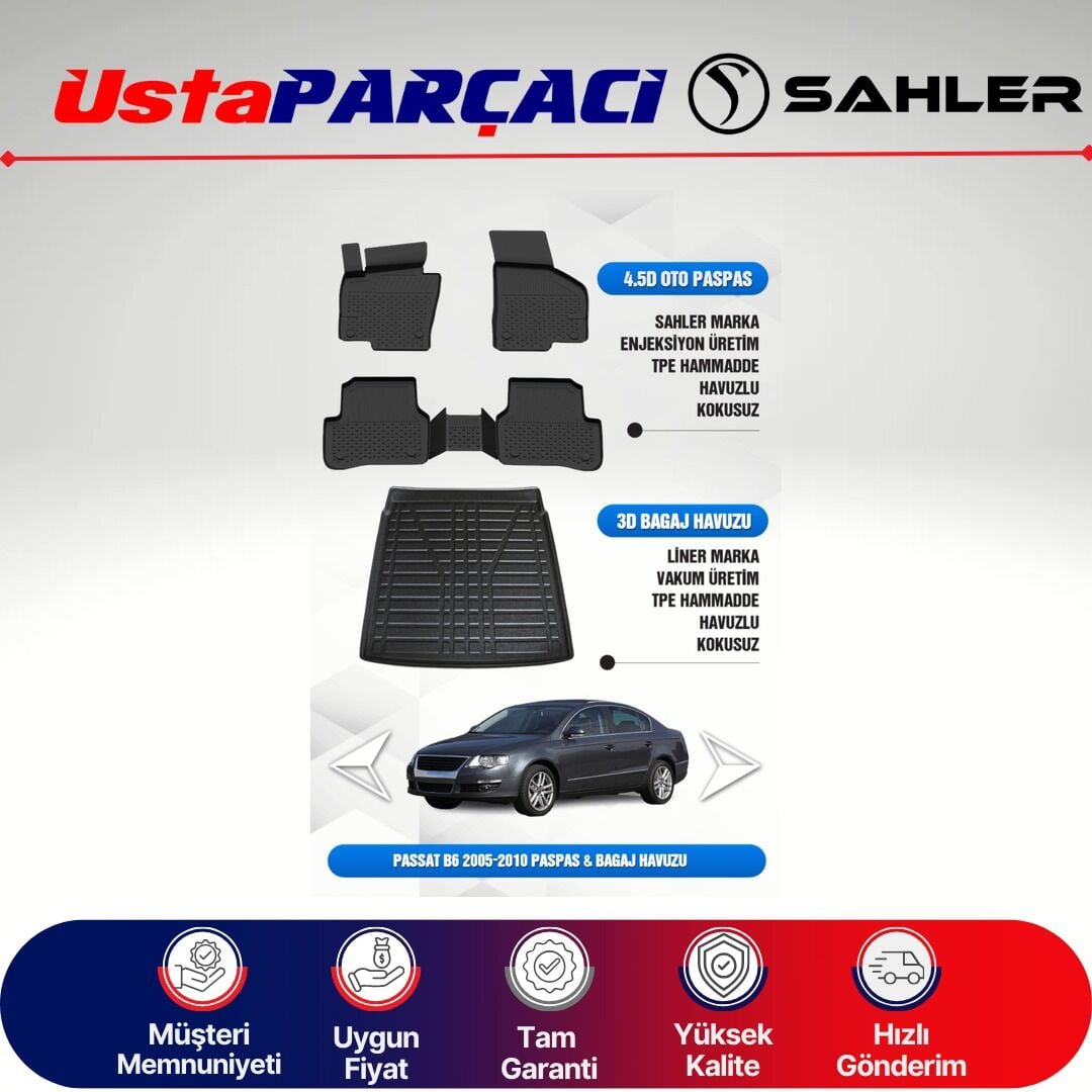 Sahler VW Passat B6 2005-2010 Uyumlu Araca Özel 4.5D Havuzlu Oto Paspas + 3D Bagaj Havuzu (5 Parça)