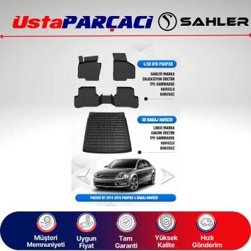 Sahler VW Passat B7 2011-2014 Uyumlu Araca Özel 4.5D Havuzlu Oto Paspas + 3D Bagaj Havuzu (6 Parça)