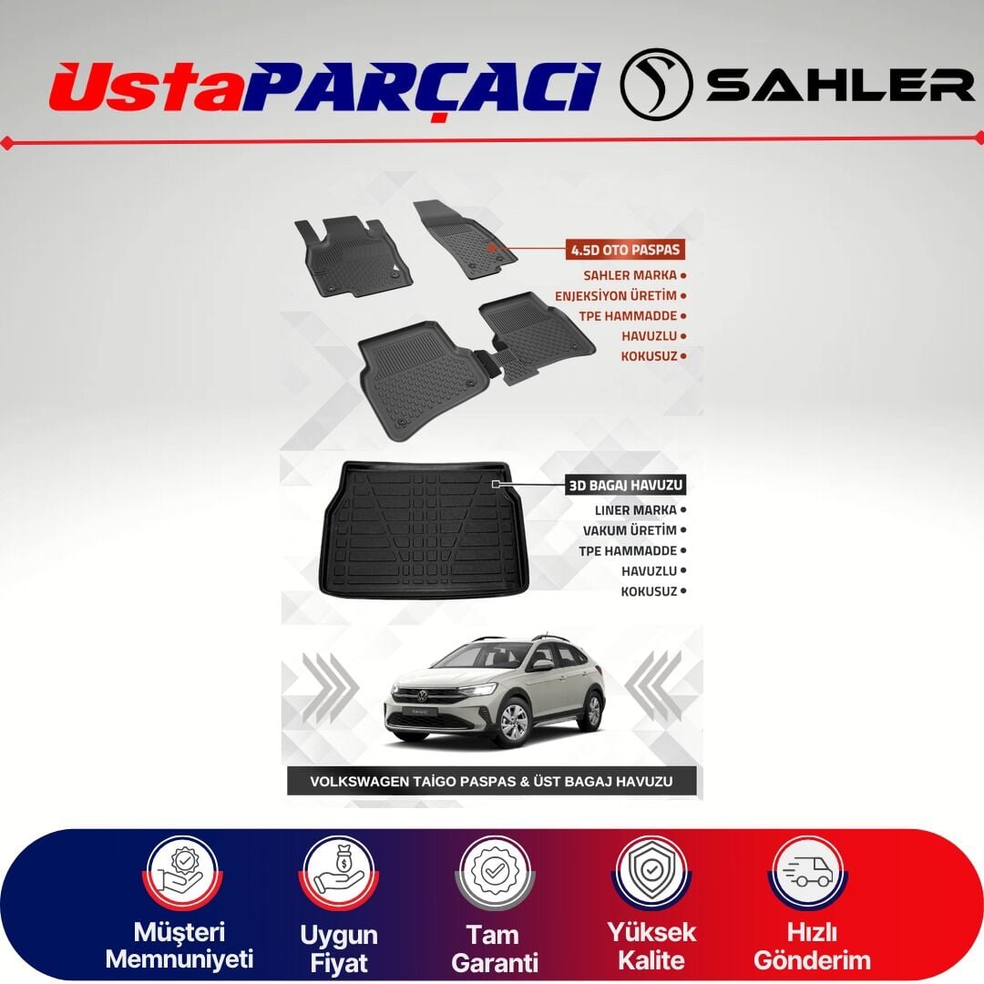Sahler VW Taigo 2021+ Uyumlu Araca Özel 4.5D Havuzlu Oto Paspas + 3D Üst Bagaj Havuzu (5 Parça)