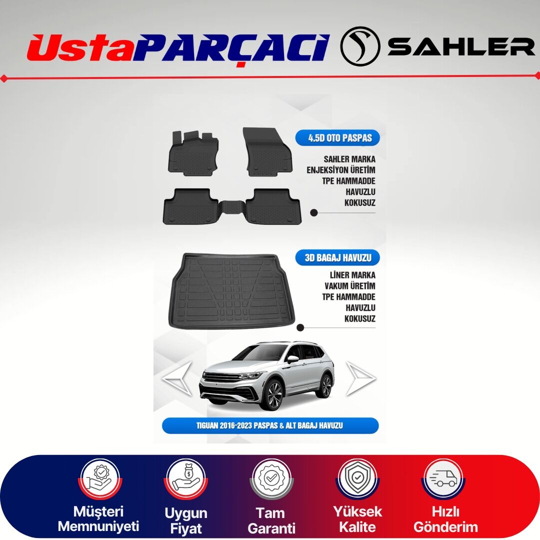 Sahler VW Tiguan 2016-2023 Uyumlu Araca Özel 4.5D Havuzlu Oto Paspas + 3D Alt Bagaj Havuzu (5 Parça)