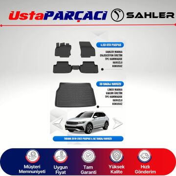 Sahler VW Tiguan 2016-2023 Uyumlu Araca Özel 4.5D Havuzlu Oto Paspas + 3D Alt Bagaj Havuzu (5 Parça)