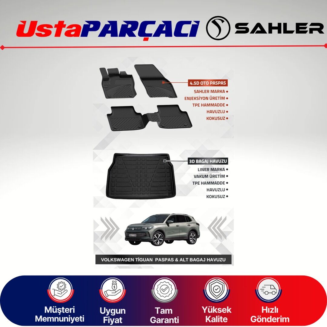 Sahler VW Tiguan 2024+ Uyumlu Araca Özel 4.5D Havuzlu Oto Paspas + 3D Alt Bagaj Havuzu (5 Parça)