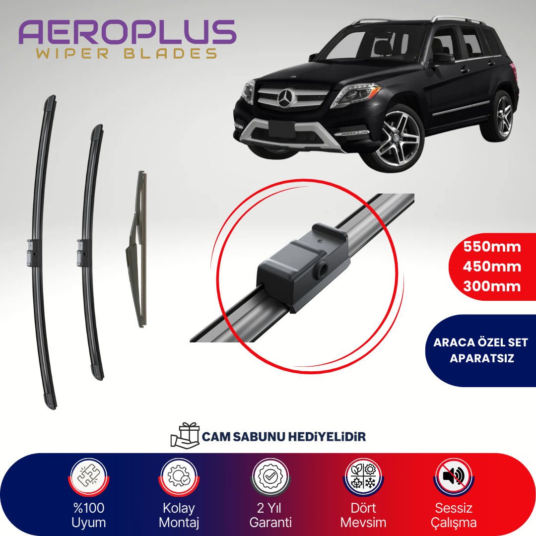 Aeroplus Mercedes GLK Serisi X204 2008-2015 Ön Arka Muz Silecek Takımı
