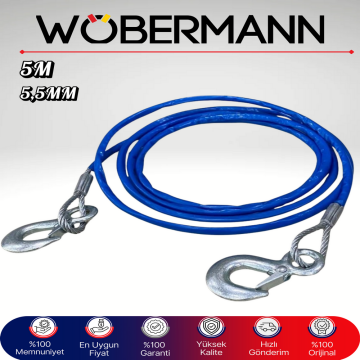 Wöbermann 5M 5,5MM Çelik Halatlı Araç Çekme Halatı – Kancalı ve PVC Kaplamalı