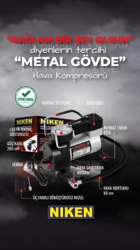 Niken Araç Oto Hava Kompresörü Metal Gövde 12V 150 PSI