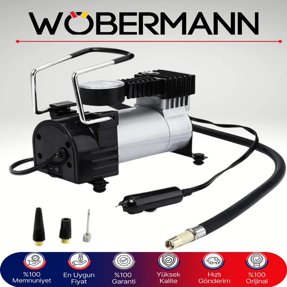 Wöbermann 150 PSI Metal Gövdeli Hava Kompresörü | Taşınabilir Oto Lastik Şişirme Pompası | 12V Çakmak Girişli
