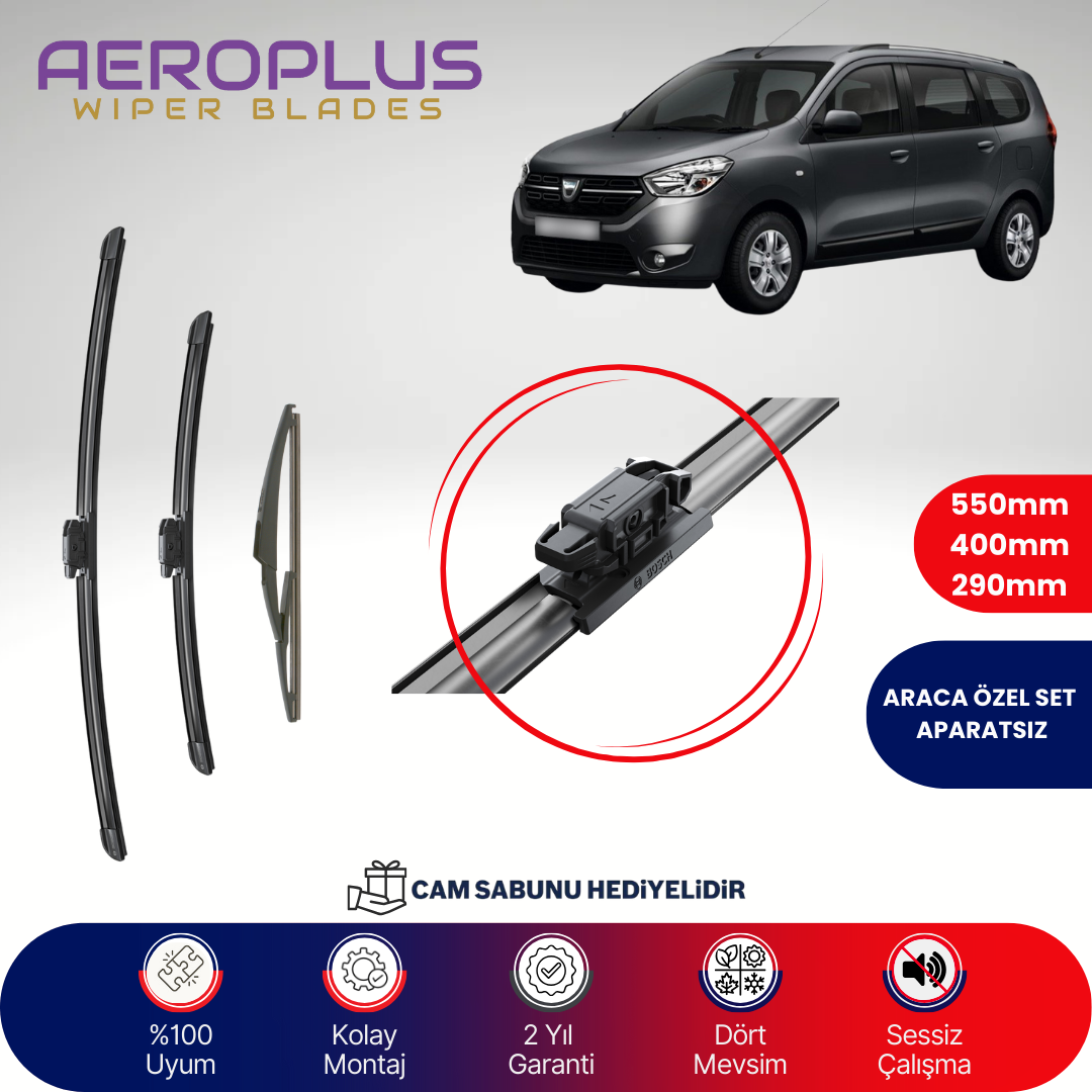 Aeroplus Dacia Lodgy 2015-2022 Ön Arka Muz Silecek Takımı