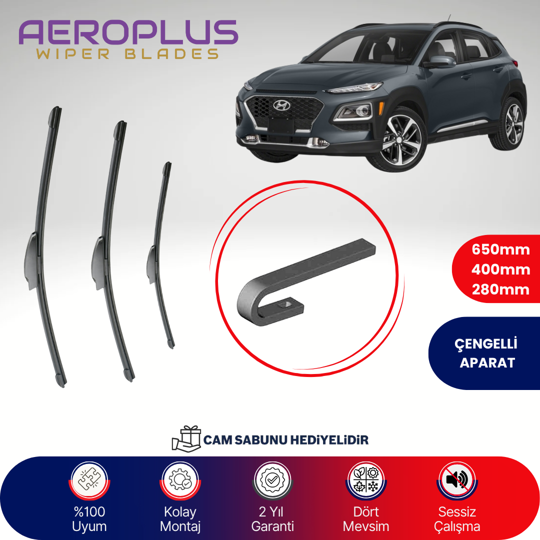 Aeroplus Hyundai Kona 2017-2022 Ön Arka Muz Silecek Takımı