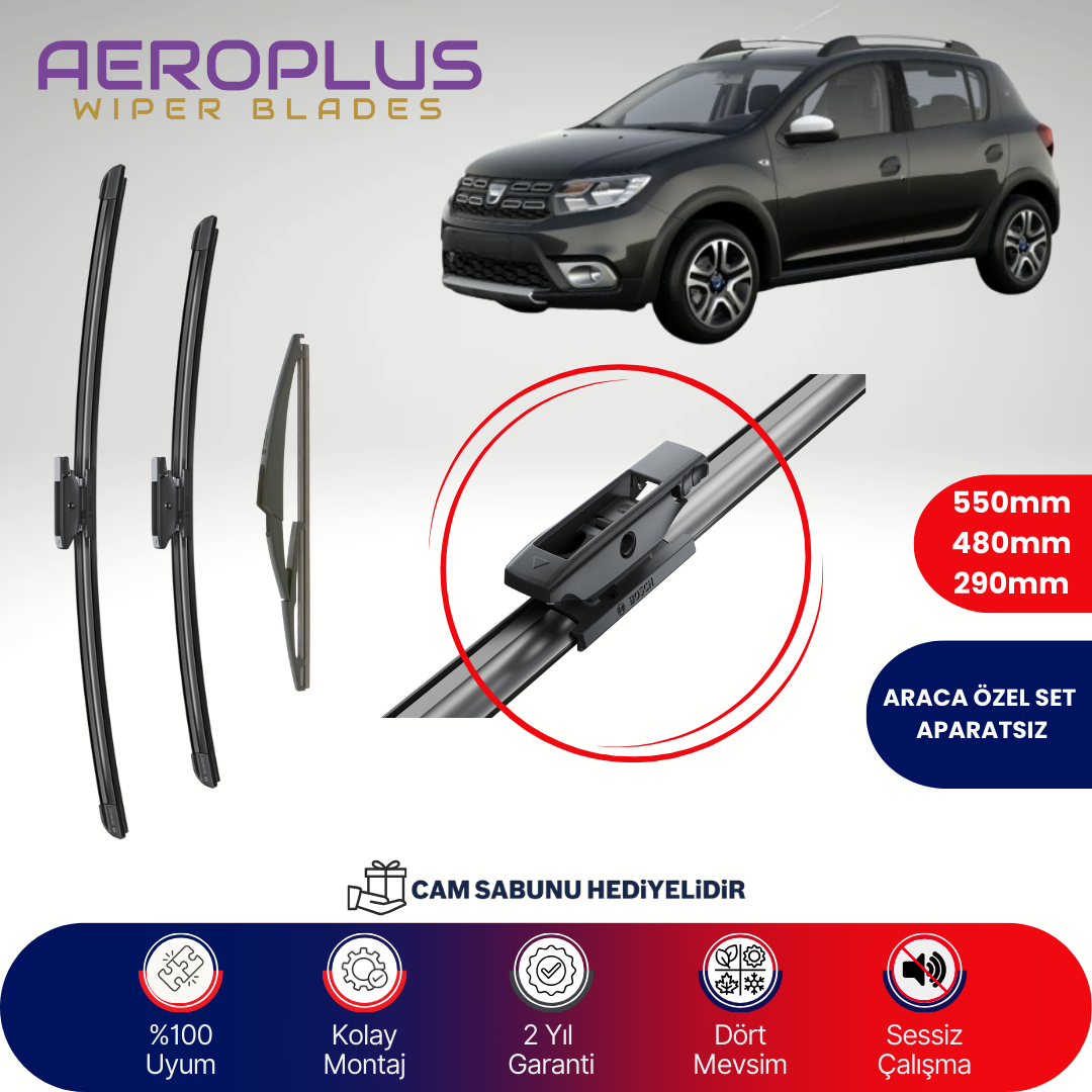 Aeroplus Dacia Sandero 2 2015-2021 Ön Arka Muz Silecek Takımı