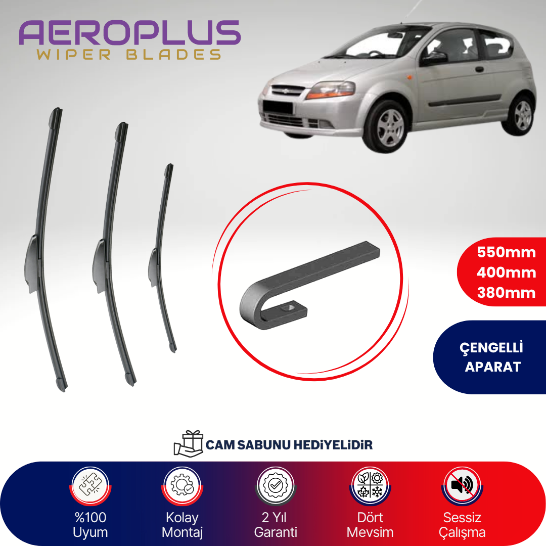 Aeroplus Chevrolet Kalos HB 2005-2008 Ön Arka Muz Silecek Takımı