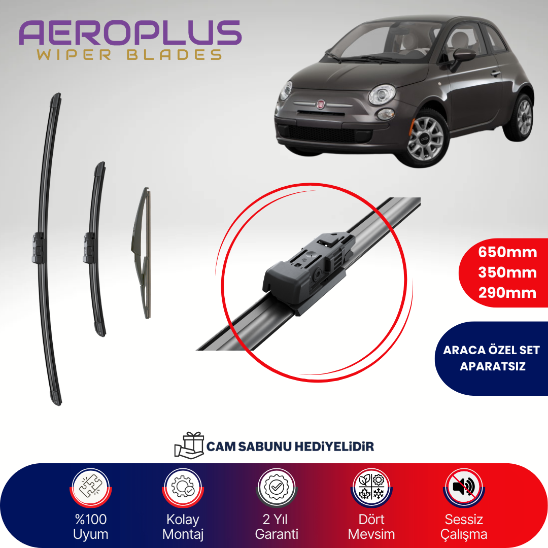 Aeroplus Fiat 500 2007-2020 Ön Arka Muz Silecek Takımı